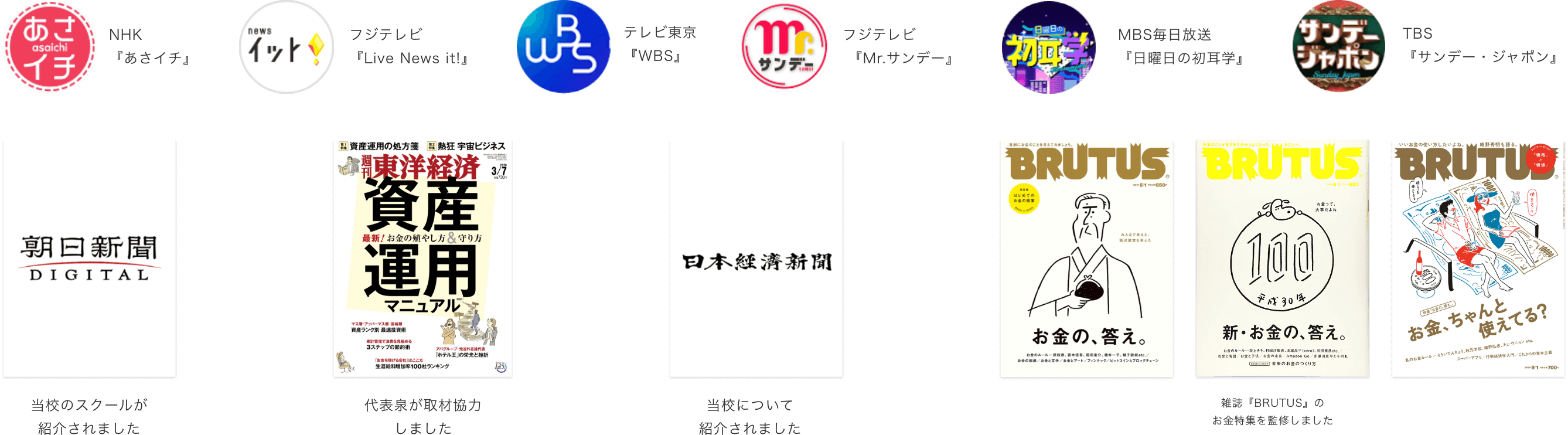 NHK『あさイチ』／フジテレビ『Live News it!』／テレビ東京『WBS』／フジテレビ『Mr.サンデー』／MBS毎日放送 『日曜日の初耳学』／TBS『サンデー・ジャポン』／『朝日新聞DIGITAL』当校のスクールが紹介されました／『週刊東洋経済』代表泉が取材協力しました／『日本経済新聞』当校について紹介されました／雑誌『BRUTUS』のお金特集を監修しました